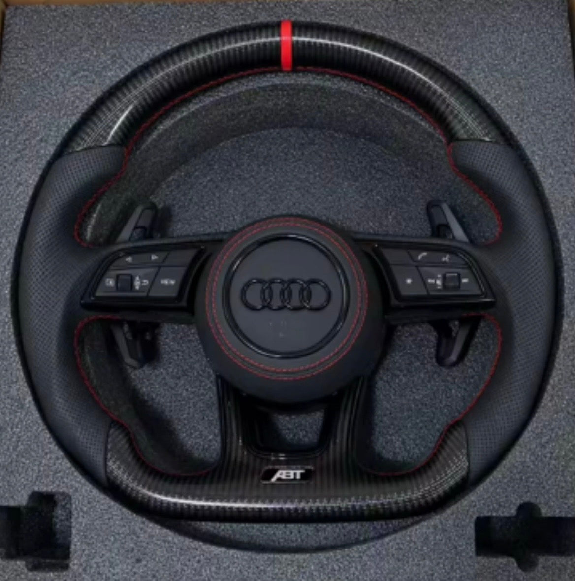 Volante AM-CUSTOM AUDI - Fibra d Carbono, Cuero Microperforado , Detalles en rojo, Placa de ABT