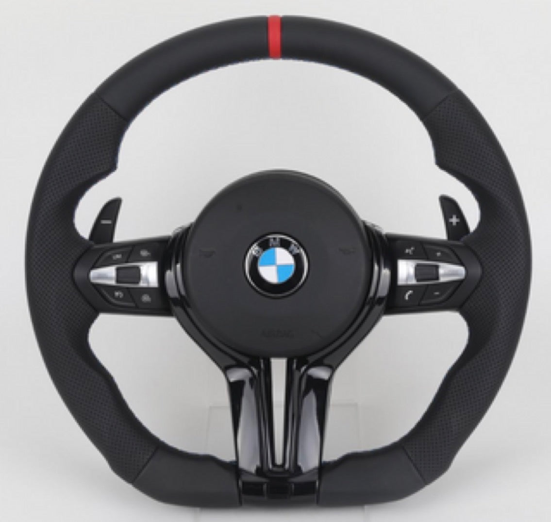 Volante AM-CUSTOM BMW - Achatado en cuero, con detalles en rojo