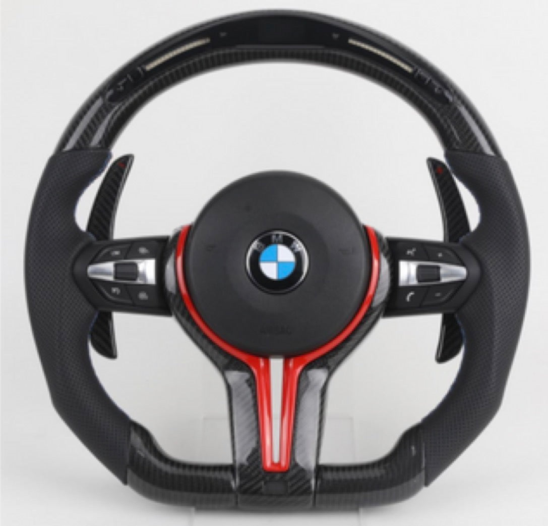 Volante AM-CUSTOM BMW - Fibra de Carbono, cuero microperforado, Pantalla LED revoluciones , detalles en rojo