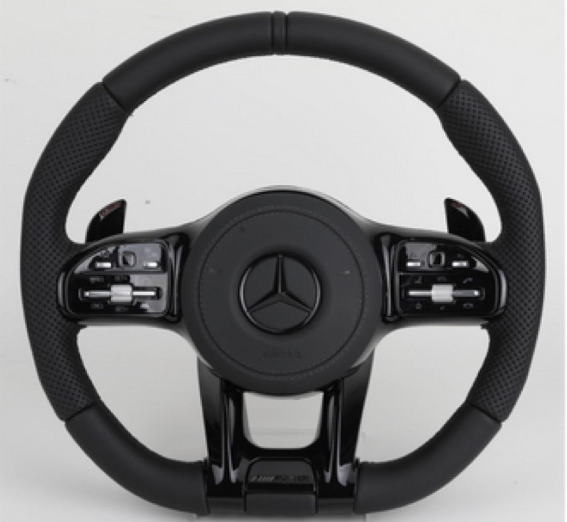 Volante AM-CUSTOM MERCEDES - Cuero con detalles Negro brillo ,Estilo AMG