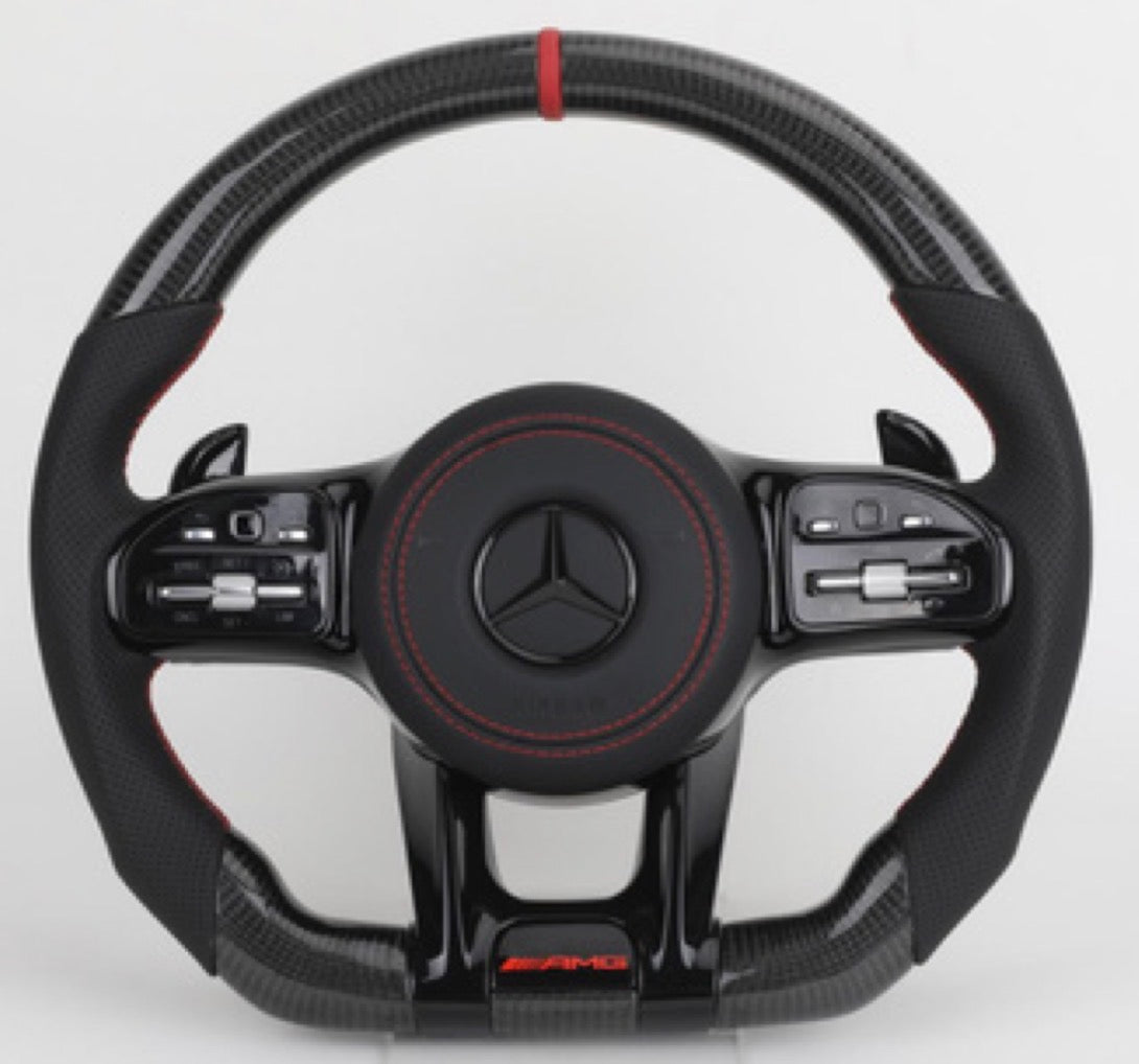 Volante AM-CUSTOM MERCEDES - Fibra de Carbono ,Cuero microperforado con detalles en Negro brillo ,Estilo AMG
