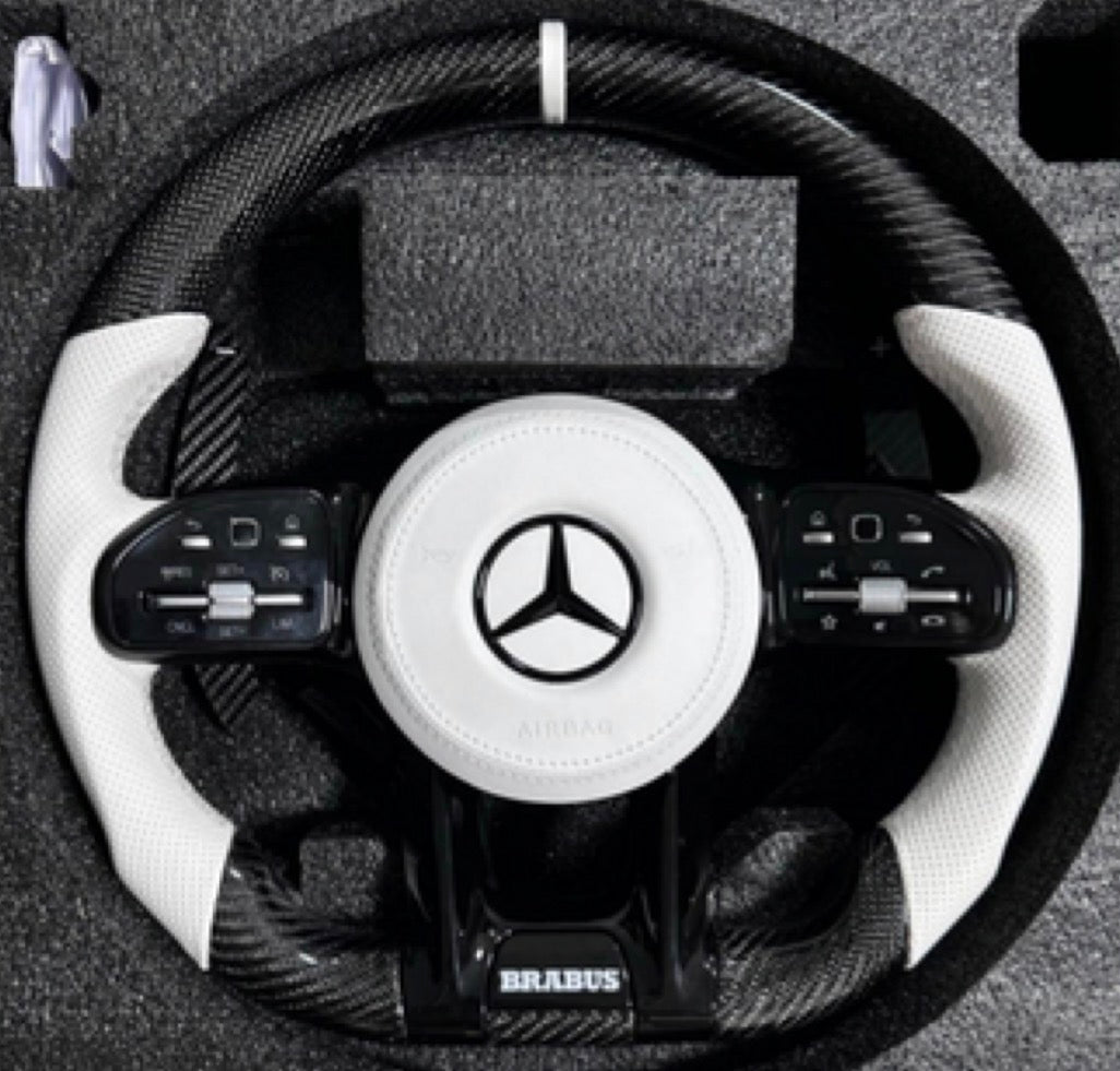 Volante AM-CUSTOM MERCEDES BRABUS - Fibra de Carbono ,Cuero microperforado Blanco , Estilo BRABUS