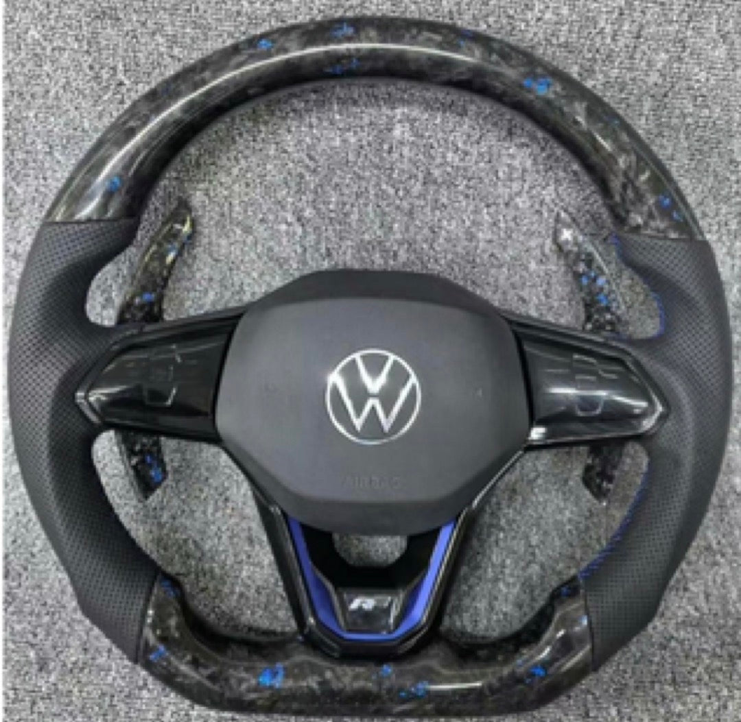 Volante AM-CUSTOM GOLF 8 - Fibra de Carbono Forjada con Detalles Azul ,Cuero Microperforado